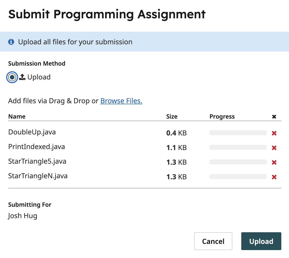 Gradescope upload submission screenshot
